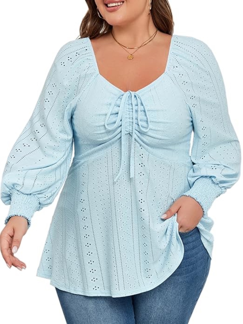 NWT Women’s Light Blue Eyelet Square-Neck Peasant Top